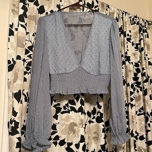 Swiss dot shirred crop blouse.